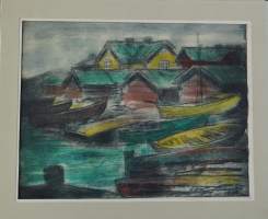 Jalmari Ruokokoski, veneranta värietsaus laattasigneeraus   1928kehystetty 40x47 cm