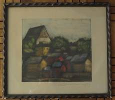 Jalmari Ruokokoski, Porvoo värietsaus  lyijykynä signeeraus 1923 kehystetty 38x42  cm