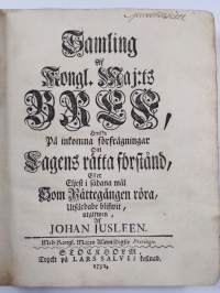 Samling af Kongl. Maj:ts bref (1751) hwilka på inkomna förfrågningar om lagens rätta förstånd, eller eljest i sådana mål som rättegången röra, utfärdade blifwit
