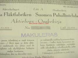 Suomen Puhallintehdas Oy, Helsinki 1952, 10 000 mk -osakekirja