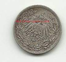 Saksa - 1/2 Mark 1907 A  - kolikko hopeaa 0.900