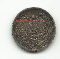 Saksa - 1/2 Mark 1914 A  - kolikko hopeaa 0.900