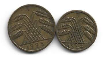 Saksa 5 Reichspenning 1924 ja 10 Reichspenning 1925 - ulkomainen kolikko 2 kpl