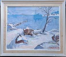 Lauri Merjanto, &quot;Talvinen ranta&quot;   sign   1969 öljyvärimaalaus  n 50x60 m kehystetty