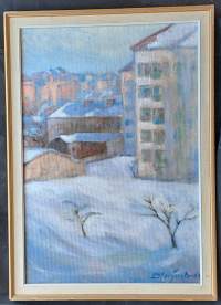 Lauri Merjanto, &quot;Talvinen kaupunki&quot;   sign  öljyvärimaalaus  n 30x40cm kehystetty