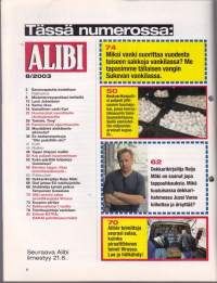 Alibi 2003 N:o 8. ERIKOISNUMERO! Jättireportaasi Pirkkalan paloittelumurhasta. Elämäni pedofiilin uhrina. Tappo Utsjoen malliin.
