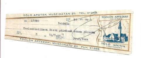 Töölön  Apteekki   Helsinki- resepti signatuuri  1944