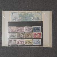 Sekalainen  erä  n 15 kpl - etiketti,postimerkkejä,rahaa