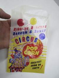 Ringling Brothers - Barnum &amp; Bailey - Circus Pop Corn -sirkusareenalla myytyjen popkornien käyttämätön pussi 1940-luvulta