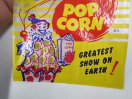 Ringling Brothers - Barnum &amp; Bailey - Circus Pop Corn -sirkusareenalla myytyjen popkornien käyttämätön pussi 1940-luvulta