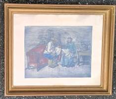 Oki  Räisänen &quot;Vanha pari&quot; värigrafiikka sign 1929 - kehystetty 45x54 cm
