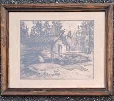 Frans Nyberg, Aatsinki  Kuolajärvi Skogskvarn  1932, etsaus 38x46cm