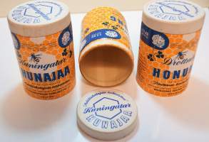 Kuningatar hunajaa - tyhjä käyttämätön tuotepakkaus hunajapurkki 1950-60 luku