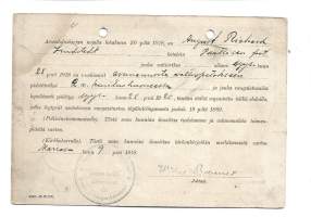 Armahduskirjan nojalla vapautettu Valtiorikosoikeuden määräämäsrä rikoksesta &quot;Avunannosta valtiopetokseen&quot; - Vapaakirjekortti  Vankein hoito Suomessa 1918