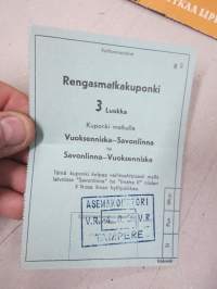 Rengasmatkakuponki 3 Luokka Vuoksenniska - Savonlinna tai Svaonlinna - Vuoksenniska, VR Tampere 4.8.1938 -matkalippu