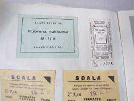Koulutytön / nuoren neidin leikevihko / &quot;päiväkirja&quot;, johon liimattu pääsylippuja ym, paljon Talvisodan ajan asiaa, tekijä mahdollisesti kotoisin Mellilästä?