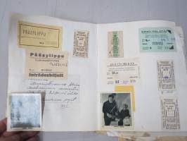 Koulutytön / nuoren neidin leikevihko / &quot;päiväkirja&quot;, johon liimattu pääsylippuja ym, paljon Talvisodan ajan asiaa, tekijä mahdollisesti kotoisin Mellilästä?