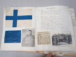 Koulutytön / nuoren neidin leikevihko / &quot;päiväkirja&quot;, johon liimattu pääsylippuja ym, paljon Talvisodan ajan asiaa, tekijä mahdollisesti kotoisin Mellilästä?