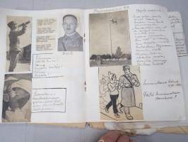 Koulutytön / nuoren neidin leikevihko / &quot;päiväkirja&quot;, johon liimattu pääsylippuja ym, paljon Talvisodan ajan asiaa, tekijä mahdollisesti kotoisin Mellilästä?