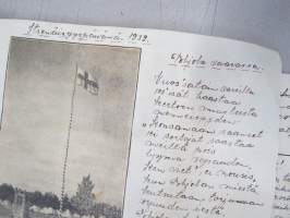 Koulutytön / nuoren neidin leikevihko / &quot;päiväkirja&quot;, johon liimattu pääsylippuja ym, paljon Talvisodan ajan asiaa, tekijä mahdollisesti kotoisin Mellilästä?