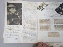 Koulutytön / nuoren neidin leikevihko / &quot;päiväkirja&quot;, johon liimattu pääsylippuja ym, paljon Talvisodan ajan asiaa, tekijä mahdollisesti kotoisin Mellilästä?
