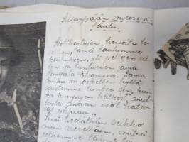 Koulutytön / nuoren neidin leikevihko / &quot;päiväkirja&quot;, johon liimattu pääsylippuja ym, paljon Talvisodan ajan asiaa, tekijä mahdollisesti kotoisin Mellilästä?