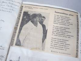 Koulutytön / nuoren neidin leikevihko / &quot;päiväkirja&quot;, johon liimattu pääsylippuja ym, paljon Talvisodan ajan asiaa, tekijä mahdollisesti kotoisin Mellilästä?