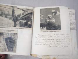 Koulutytön / nuoren neidin leikevihko / &quot;päiväkirja&quot;, johon liimattu pääsylippuja ym, paljon Talvisodan ajan asiaa, tekijä mahdollisesti kotoisin Mellilästä?