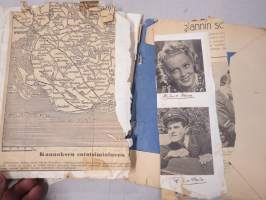 Koulutytön / nuoren neidin leikevihko / &quot;päiväkirja&quot;, johon liimattu pääsylippuja ym, paljon Talvisodan ajan asiaa, tekijä mahdollisesti kotoisin Mellilästä?
