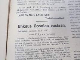 Aktivisti 1930 nr 14 - Lapuanliikkeen äänenkannattaja, Lapuan kokouksen julkilausuma, 11. vuotta kaltereita maksoi 2 kommunistin ulosheittäminen, Uhkaus Kosolalle ym