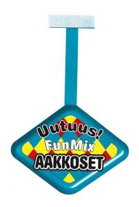 Uutuus Fun Mix Aakkoset - myymäläsomiste  hyllynreunamainos muovia  14x11 cm