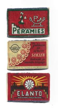 Elanto Perämies Soklen - tulitikkuetiketti tulitikkuaskin vanerikansi 3 eril