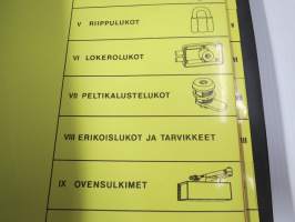 Lukko- ja lukitusalan tuoteluetteloita, tehtaiden ja maahantuojien kirjeitä yms. erä kansioissa, mm. Abloy, Boda, Börkey
