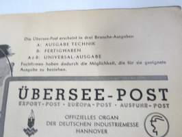 Übersee-Post - Deutschen Industriemesse Hannover 1952 -luettelojulkaisu -paljon kuluttajatuotteita mm. leluja, radioita, koriste-esineitä ym. hyvin kuvitettu