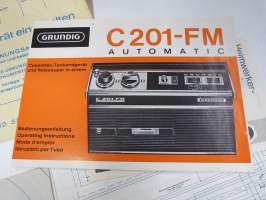 Grundig C201-FM radiokasettisoitin -alkuperäiset käyttöohjeet, piirikaaviot ym. paperit, jotka kuoressa olleet mukana toimituslaatikossa