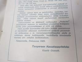 Tampereen kassakaappitehdas - Kaarlo Granath - Hintaluettelo kassakapeista 1909