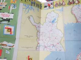 Shell Suomi-Finland 1959 Matkailukartta, sisältää kaupunki- / paikkakuntakohtaiset opastuskeskukset