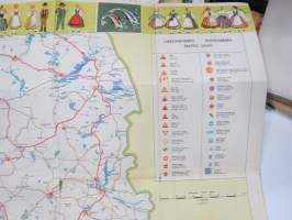 Shell Suomi-Finland 1959 Matkailukartta, sisältää kaupunki- / paikkakuntakohtaiset opastuskeskukset