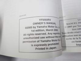 Yamaha YFM80RV Owner´s manual, Manuel du proprietaire, Manual del propietario -moottoripyörä, käyttöohjekirja englanniksi, italiaksi, espanjaksi