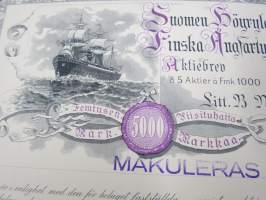Suomen Höyrylaiva Osakeyhtiö - Finska Ångfartygs Aktiebolag, Helsinki 1937, 5 osaketta / 5 aktier á 1 000 mk, 5 000 mk, Litt. B -osakekirja / share certificate