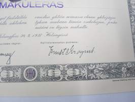 Suomen Höyrylaiva Osakeyhtiö - Finska Ångfartygs Aktiebolag, Helsinki 1937, 5 osaketta / 5 aktier á 1 000 mk, 5 000 mk, Litt. B -osakekirja / share certificate