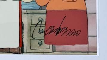 Mauri Kunnas, &quot;Joulupukki ja noitarumpu&quot; TV 2 animaatiokuva, tausta ja uniikki liikekuva, sign sekatekniikka  37x45 cm