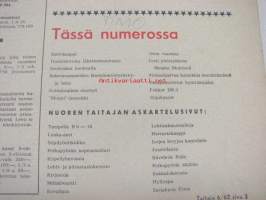 Taitaja 1962 nr 6  Radiokaappi teko-ohje piirustuksineen. Transistorisoitu lähetteenseuraaja. Yleistyökone 7506 WK.  Stereoääni huokealla. Siimaojattua