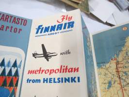 Aero Oy - Finnair Route Map / Reittikartasto / Ruttkartor - Fly Finnair with Metropolitan &amp; Caravelle (introducing 1960) - Chymos / Shell