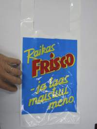 Raikas Frisco -muovikassi 1980-luvulta, mainoskassi / promootiokassi