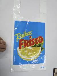 Raikas Frisco -muovikassi 1980-luvulta, mainoskassi / promootiokassi