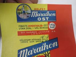 Täyslihavaa Marathon Juustoa - Hienointa-Kuoretonta-Kypsää Emmenthaler juustoa - Oy Suomen Juusto Ab, Lahti -etiketti