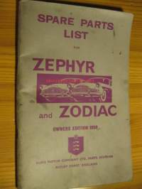 Ford Zephyr and Zodiac - spare parts list  1958