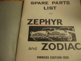 Ford Zephyr and Zodiac - spare parts list  1958