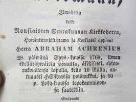 Aikainen valmistus kuolemaan, Ilmoitettu koska Nousiaisten Seurakunnan Kirkkoherra... Abraham Achrenius 28.9.1769, ilman edelläkäywäistä.... edespantu 2 wirrestä